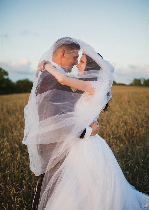 Newlyweds wrapped in a veil in a golden field